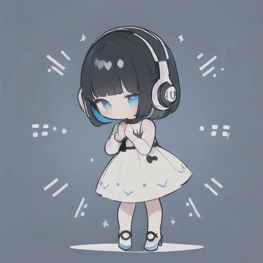 (best quality), (masterpiece:1.3), (ultra-detailed), amazing, 
the girl is apologizing and bowing, black hair, short hair, Bob hairstyle, Blunt bangs, white dress, white headphones, short stature, white high-heel, full body,
light blue background, 
colorfu...