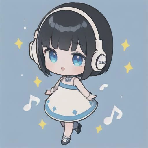 (best quality), (masterpiece:1.3), (ultra-detailed), amazing, 
cute girl, finely detailed face, laugh, black hair, short hair, Bob hairstyle, Blunt bangs, sky blue eyes, clavicle, white dress, white headphones, short stature, jumping, short pants, white hi...