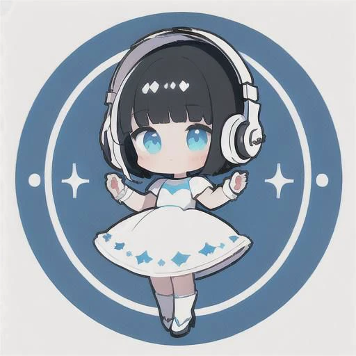 (best quality), (masterpiece:1.3), (ultra-detailed), amazing, 
bowing and showing top of head girl, black hair, short hair, Bob hairstyle, Blunt bangs, white dress, white headphones, short stature, white high-heel, full body,
light blue background, 
colorf...