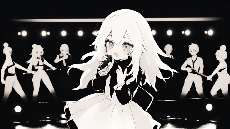 masterpiece, best quality, absurdres, 1girl, singer, long hair, white hair, singing, determined, long sleeves, dress, microphone, dark makeup, goth, concert background