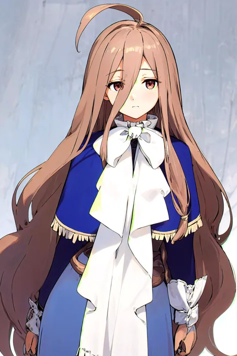 anime girl with long brown hair wearing a blue and white dress