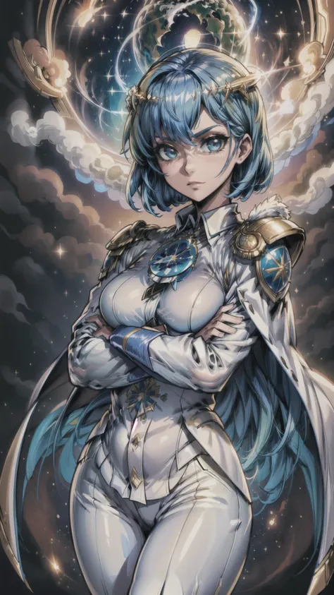 (((earth-chan, Holy Terra, sublime, majestic,))), ((White Navy Uniform, long white Pants, shoulderpads, golden shirt buttons and cufflinks, long cape, military honours, medals,)), ((crossed arms)), Ocean of stars in background, <lora:GoodHands-vanilla:1> <...