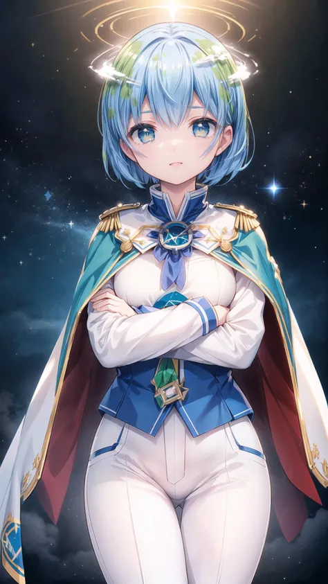 (((earth-chan, Holy Terra, sublime, majestic,))), ((White Navy Uniform, long white Pants, shoulderpads, golden shirt buttons and cufflinks, long cape, military honours, medals,)), ((crossed arms)), Ocean of stars in background, <lora:GoodHands-vanilla:1> <...