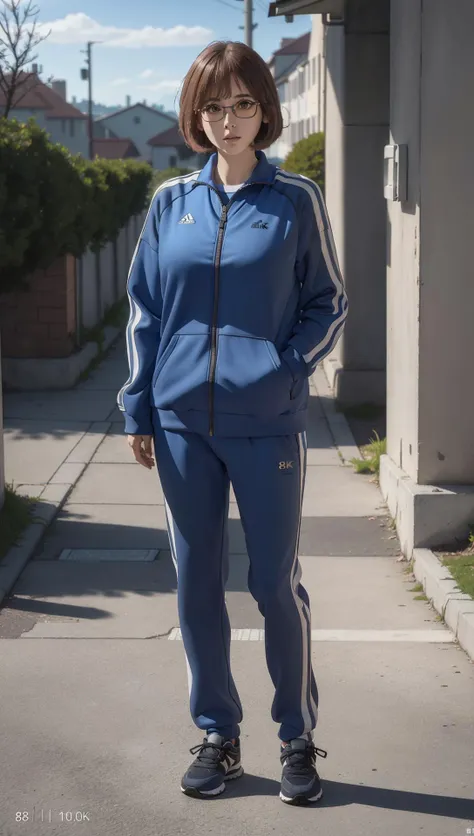 (8k, RAW photo, best quality, masterpiece:1.2), (realistic, photo-realistic:1.37), ultra highres, depth of field, chromatic aberration, caustics, Broad lighting, natural shading,Fujifilm XT3,masterpiece,ultra detailed,track suit,1girl, solo, standing, look...