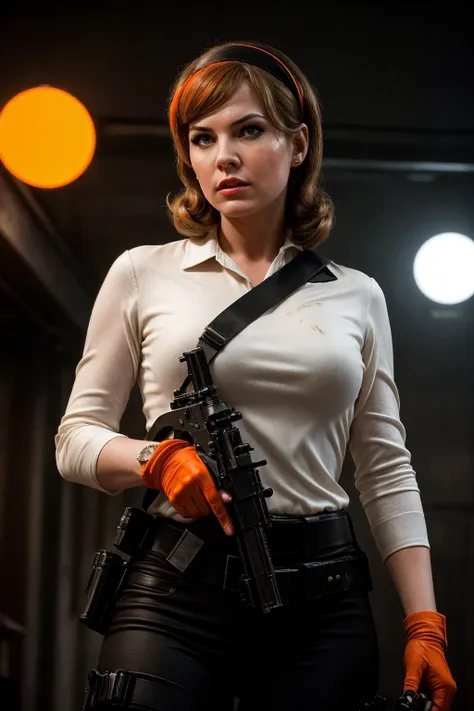 a woman in a white shirt and black pants holding a gun