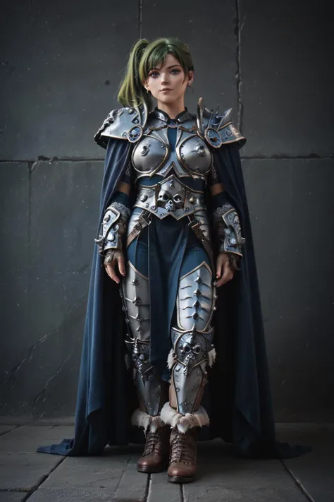 a woman in armor poses for a photo in front of a wall