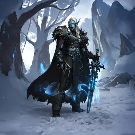 a man in a black cloak holding a sword in a snowy forest