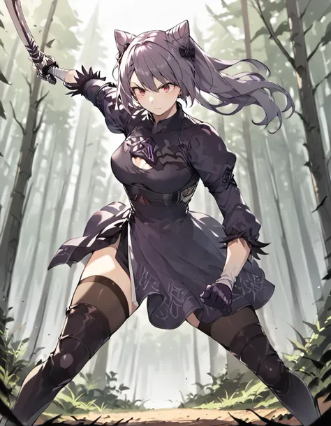 a woman in a dress and boots holding a sword in a forest