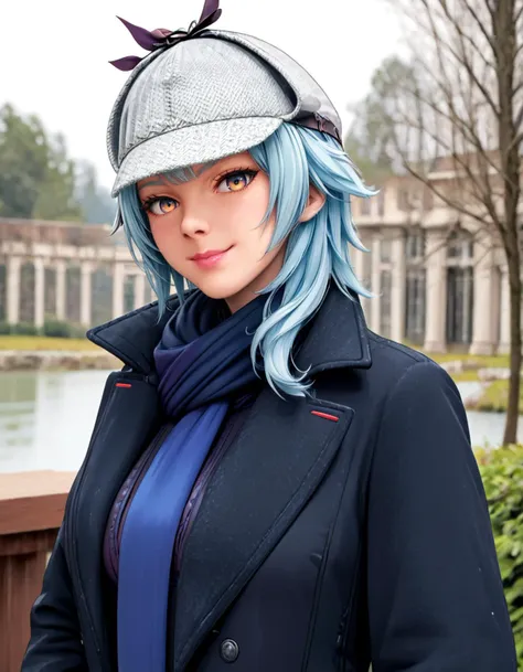 there is a woman with blue hair wearing a hat and coat