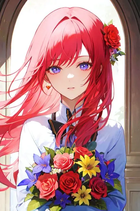 anime girl with red hair holding a bouquet of flowers