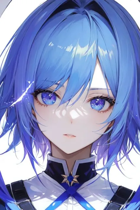 a close up of a person with blue hair and a blue dress