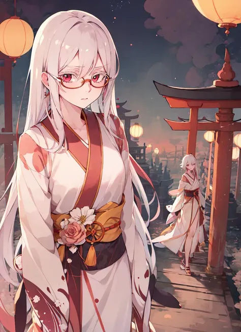 anime girl in kimono outfit walking down a path with lanterns