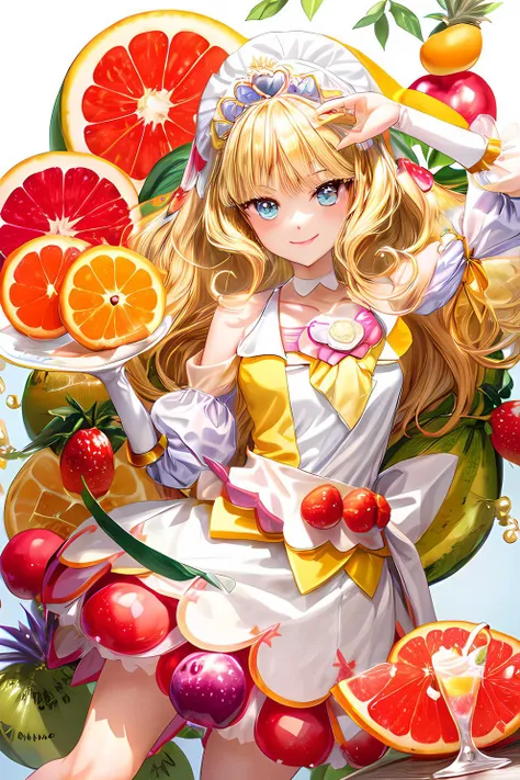 anime girl with fruit on her head and a hat on