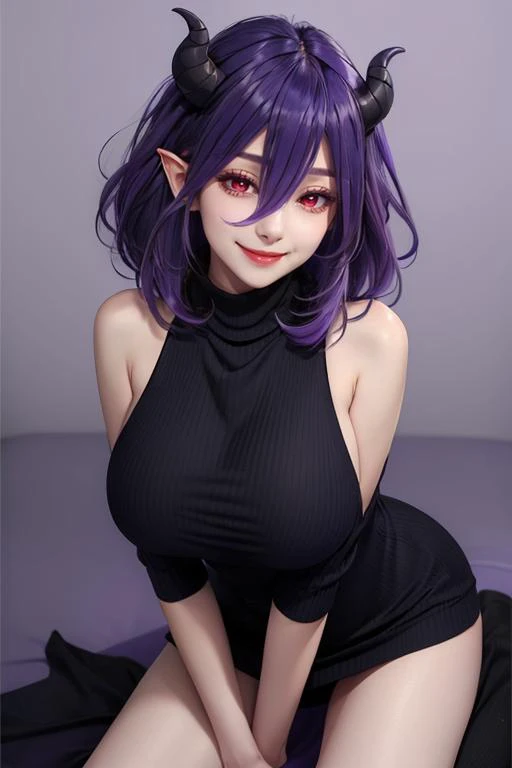 <lora:Vermeil-M1:0.8>,
vermeil,1girl,solo,breasts,dress,red eyes,large breasts,demon girl,looking at viewer,short dress,turtleneck,sleeveless,bare shoulders,black dress,hair between eyes,virgin killer sweater,multicolored hair,gradient hair,evil smile,(pur...