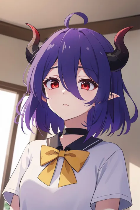 <lora:Vermeil-M2:0.8>,vermeil,1girl,bow,red eyes,horns,short hair,hair bow,hair between eyes,looking up,solo focus,shirt,purple hair,closed mouth,indoors,upper body,blue hair,yellow bow,demon horns,gradient hair,multicolored hair,t-shirt,no choker,