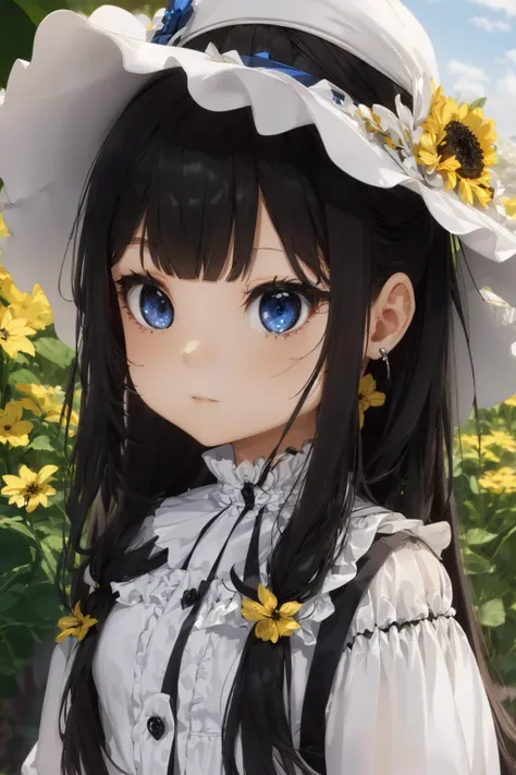 best quality,extremely detailed, (cute little girl, solo, 1girl, symmetrical eyes, drooping eyes, dark blue eyes , black hair, long hair:1.2), white skin, align bangs, white hat, white dress with frill, chuckle, full body, flower garden, ultra detailed, bl...