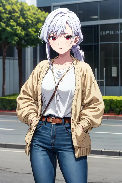 <lora:more_details:0.5>, <lora:shizuka-nano-09:0.7>, nano_wz, white hair, red eyes, white shirt, alternate hairstyle, long hair, blue pants,jeans, brown belt, ponytail, open cardigan, long sleeves,  casual, park, outdoors, modeling, cowboy shot, hand on hi...