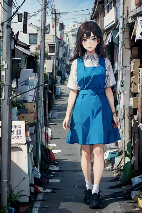 there is a woman walking down a narrow alley with a blue dress