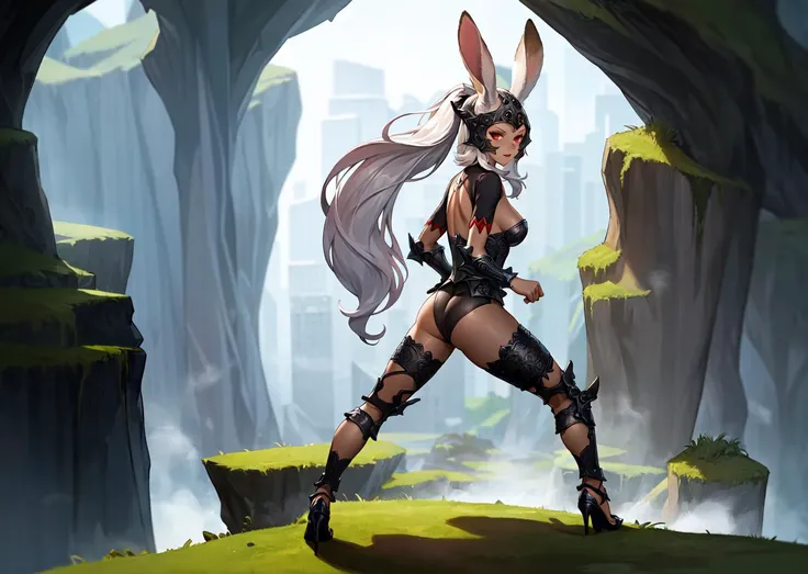 masterpiece, best quality, 1girl, Fran, Viera, helmet, revealing clothes, vambraces, armored legwear, high heels, detailed dark cave interior, mossy, from behind, facing forward, centered, full body, ((combat stance))  <lora:fran-nvwls-v1-final:0.8>