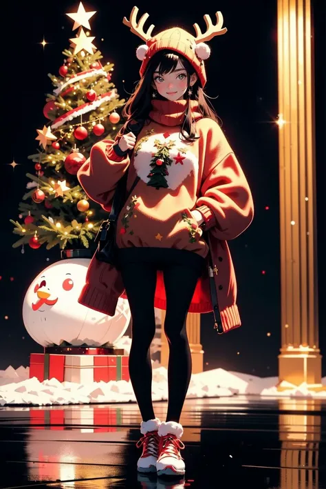 a heartwarming (full body portrait:1.5) photo of 1 girl, smile,  christmas oversize pullover sweater with reindeer pattern,  knitting hat, stands in front of a beautifully decorated Christmas tree,  capturing the essence of the Christmas spirit, 
best qual...