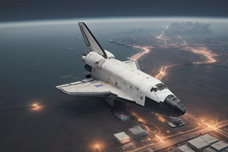 analog gloomy aerial photo of a (NASA Space Shuttle, <lora:shuttl3:0.8>), ((nighttime)), flying over abandoned alien city ruins, High Detail, Sharp focus, (photorealism), realistic, best quality, 8k, award winning, dramatic lighting, epic, cinematic, maste...