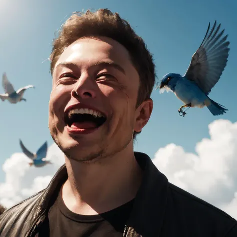 a man (elon musk) evil laughing, chasing a bird,(blue bird), official art,finely detail, Depth of field,(((masterpiece))),((extremely detailed CG unity 8k wallpaper)),best quality, high resolution illustration,Amazing,highres,intricate detail,(best illumin...