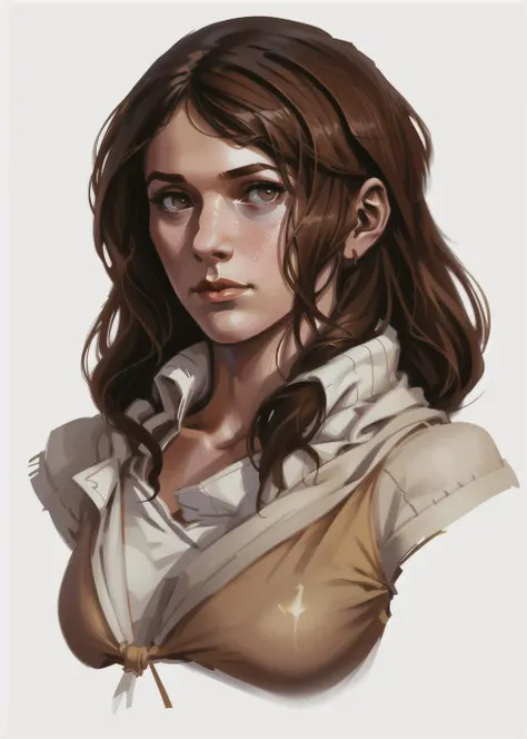 <lora:dnd_portrait:0.7> rpp, illustration, concept art, in the style of greg rutkowski, 1girl, portrait, barely smiling, (clear face:1.1), false lashes, young, human, hazel eyes, long dark brown hair, thin face