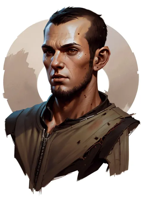 <lora:dnd_portrait:0.7> rpp, portrait , illustration, concept art, in the style of greg rutkowski, dark brown hair, very short hair, hazel eyes, male, young, tall, thin, narrow face, bristle,buzz cut hair