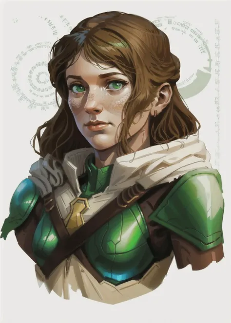 <lora:dnd_portrait:0.7> rpp, illustration, concept art, in the style of greg rutkowski, 1girl, portrait, light green eyes, long brown hair, noble, soldier, barely smiling, (clear face:1.1), false lashes, young, armor, human