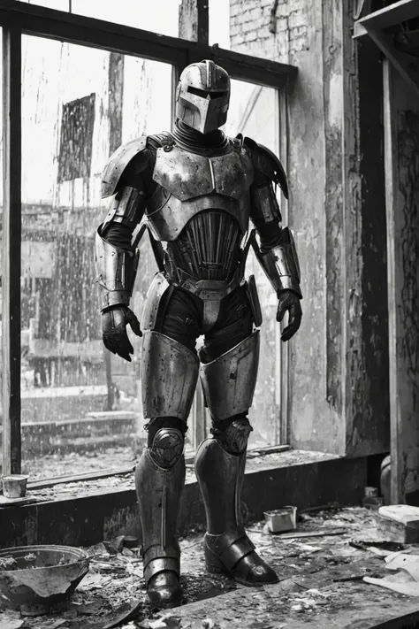 daily grind b&w raw photo of a east-bloc scene, [kenyan, dark skin:bulgarian:0.33] male heroic cyborg, crude bolted steel battle armor, clunky battle armor, (sfw:1.2), in front of the large rust windows of a artists studio, easel, brush, stacked paintings,...