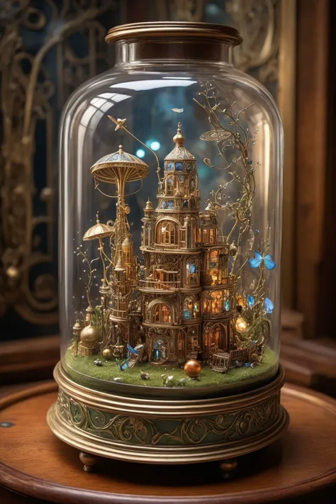 enigmatic scene in a astral fantasy world, (astral enigmatic contraption  in the center of the image:1.2) arranged in a detailed still life scene in a glass jar, dreamy art nouveau realism, magnificent,magical,whimsical, sharp focus, wide angle lens, sceni...