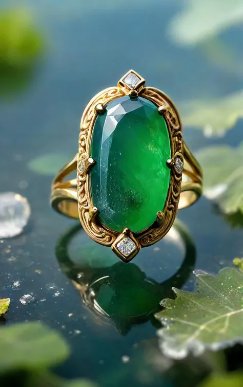 a close up of a ring with a green stone surrounded by leaves