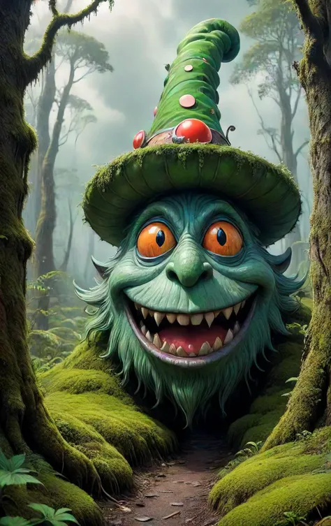 outside, Close Up,famous artwork (by jason engle:1.4), detailed expressive eyes, fantasy style, the lumpy gloomnozzle, a mischievous monster, often donning a jesters hat and perpetually grinning, glorbs along a slormspiggled path in the dense forest of gna...