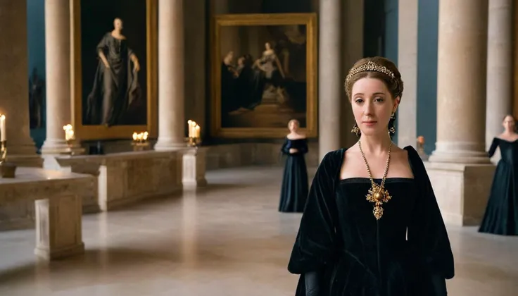 Regal Portrait Photo of Catherine de Medici draped in a sumptuous black gown, standing in the opulent halls of the Louvre, illuminated by the soft glow of candlelight, captured from a commanding frontal angle, exuding elegance and authority amidst the roya...