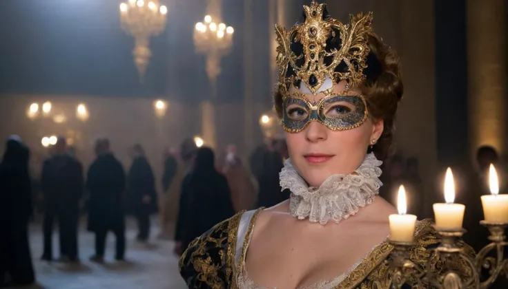 Enigmatic Full Body Portrait Photo of Catherine de Medici, the Renaissance queen, at a lavish masked ball in the opulent halls of the Louvre, adorned in exquisite Renaissance attire, illuminated by the flickering glow of candlelight, captured from a myster...