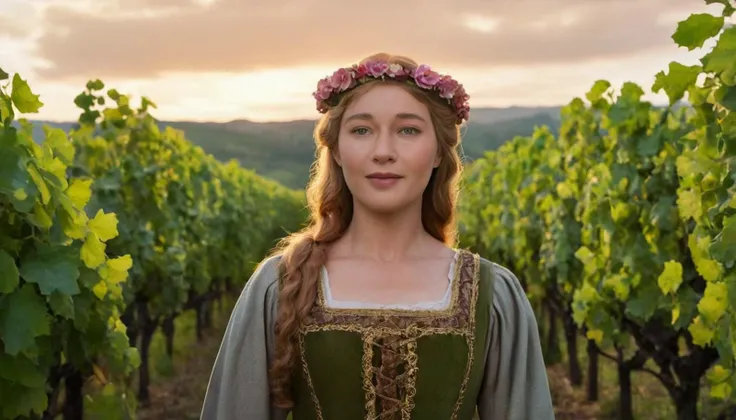 Noble Full Body Portrait Photo of Eleanor of Aquitaine standing amidst lush vineyards, her regal figure framed by rows of verdant vines, illuminated by the golden light of sunset, captured from a dignified frontal angle, exuding elegance and sovereignty am...