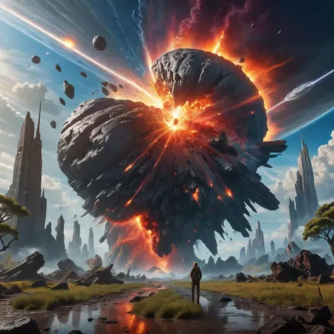 Massive asteroid the size of Jupiter colliding with a planet, catastrophic destruction, high detail, cinematic, hyper-realistic, dynamic lighting, epic concept art, created in Blender and Photoshop, 4k resolution, intense colors, spectacular cosmic event, ...