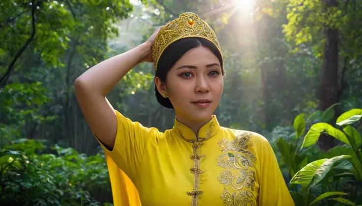 Majestic Full Body Portrait Photo of BÃ  Triá»u, adorned in vibrant yellow attire symbolizing bravery and resilience, standing amidst a verdant forest, illuminated by the soft glow of morning sunlight, captured from a regal frontal angle, embodying the sp...