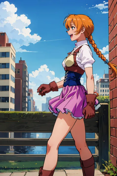 masterpiece, best quality,  <lora:Jota_V2-E10_(ViperRSR):0.65> jotarsr, shirt, armor, gloves, corset, skirt, boots, blue sky, cityscape, :D, from side, wind