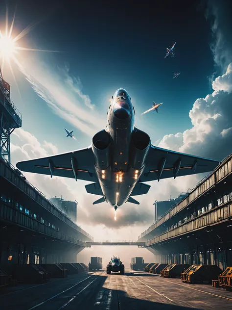 impactful color paint of (futuristic:1.5) a huge military factory made of steel, glass, fog, sun, in the clouds, , futuristic military planes, moody tones, old book style ink cover illustration, on parchment    <lora:Bold_Pop:0.5>  highly detailed, vibrant...