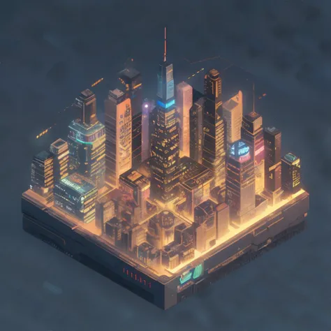 <lora:isometric-orangepumpking:0.7>, isometric, cyberpunk city, <clip:skip:2>, masterpiece, 8k, high resolution, shallow depth of field, sharp focus