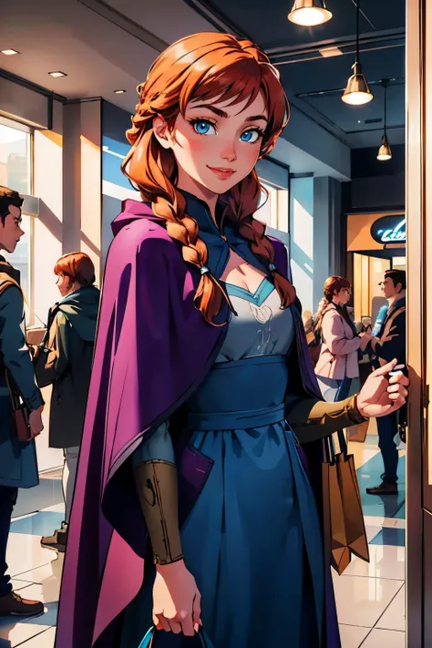 DisneyAnna,orange hair, twin braids, blue eyes,purple cloak,blue dress, looking at viewer, smiling, standing, medium shot, inside mall, holding shopping bags, crowd, bright lighting, high quality, masterpiece, <lora:DisneyAnna:.7>