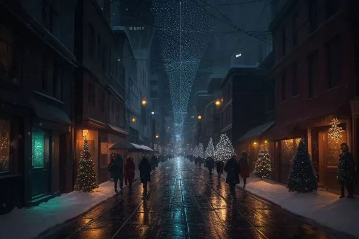 (best quality), a futuristic street in the darkness, millions of bright snowflakes pouring down like rain illuminate the scene, masterpiece, christmas, beautiful, real life, merry christmas