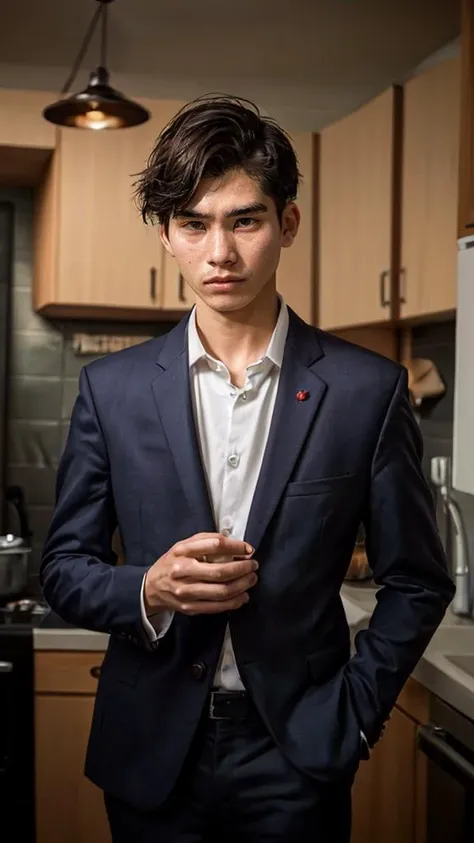 arafed man in a suit standing in a kitchen with a refrigerator