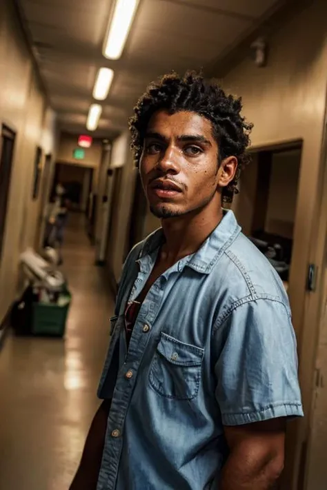 arafed man in a blue shirt standing in a hallway