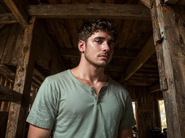 arafed man in a green shirt standing in a barn