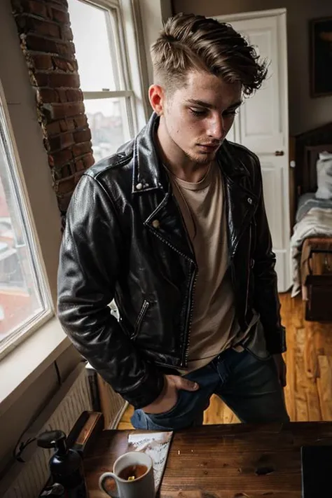 hyper realistic candid photo of a 24yo male, Slav, redneck, apartment, analog style, masterpiece, lazy, short hair, leather jacket, dutch angle