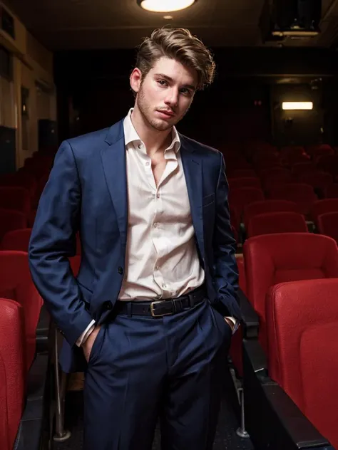 arafed man in a suit standing in a theater with red chairs