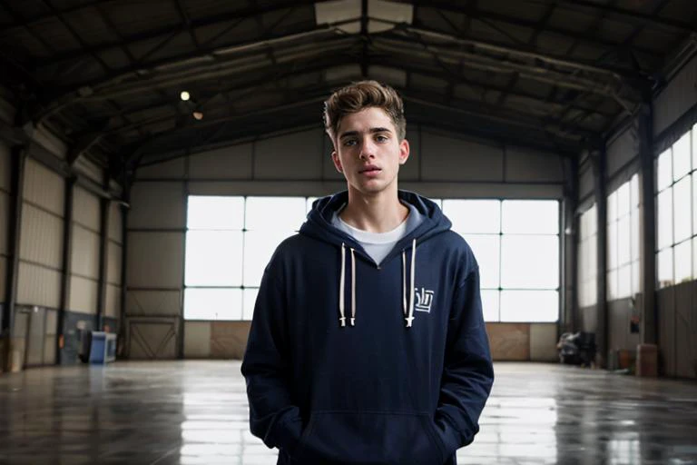 arafed man in a blue hoodie standing in a large warehouse