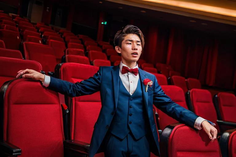 arafed man in a blue suit and bow tie standing in a theater